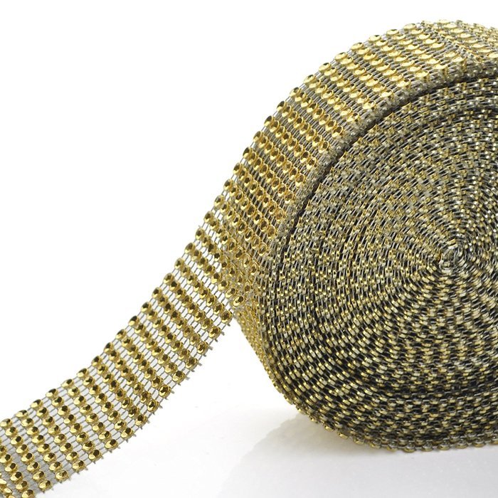Aspire Gold Diamond Rhinestone Ribbon Wrap Roll, Cake And Party Decoration 8 Rows 1.5" X 10 Yards N5