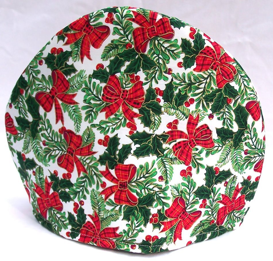 Handmade Christmas Bows and Holly Print Fabric Tea Cozy Lined and Padded Cosy