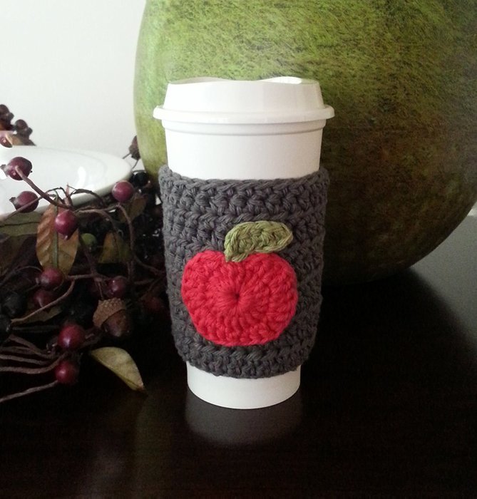 Coffee Sleeve - Coffee Cup Cozy Grey Apple Applique N3