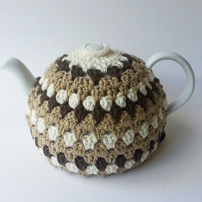 Crochet Tea Pot Cozy Beige Off White Brown Cotton
