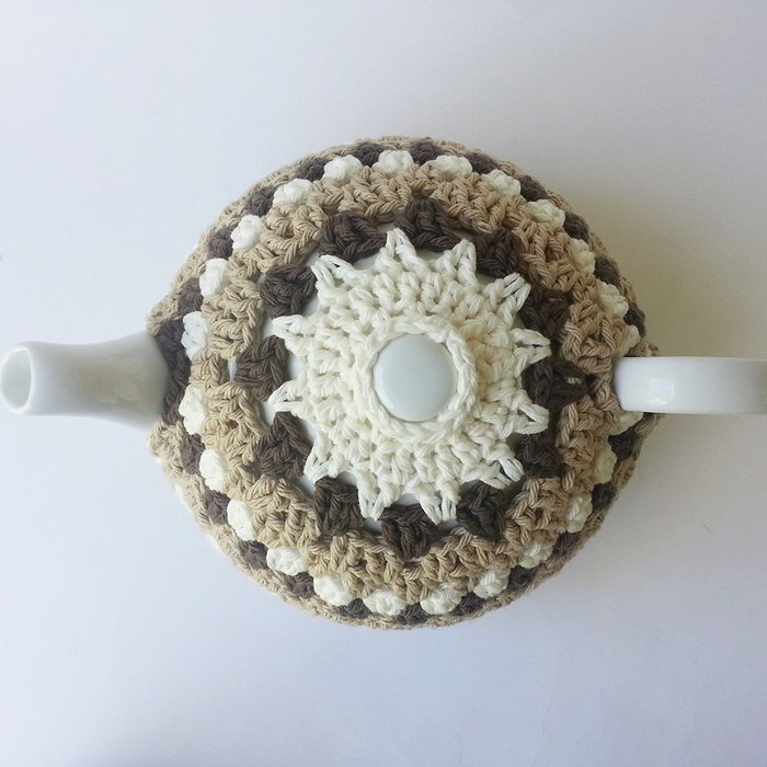 Crochet Tea Pot Cozy Beige Off White Brown Cotton N3