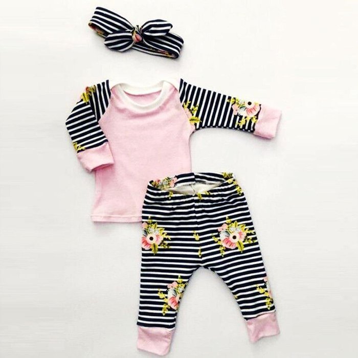 Clothes Set ,BeautyVan Newborn Baby Floral Print Long Sleeve Tops +Stripe Pants Outfits Set Clothes (70, Pink) N6