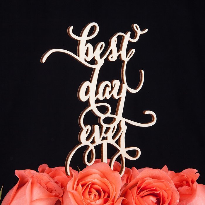 LOVENJOY with Gift Box Best Day Ever Monogram Wedding Engagement Rustic Wood Cake Topper (5.1-inch)