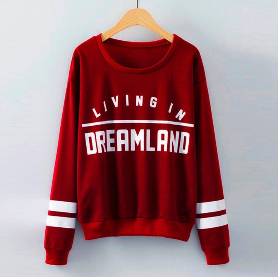 Oksale Women Letters Printed Cotton O-Neck Long Sleeved Hedging Blouse Shirt (L) N6