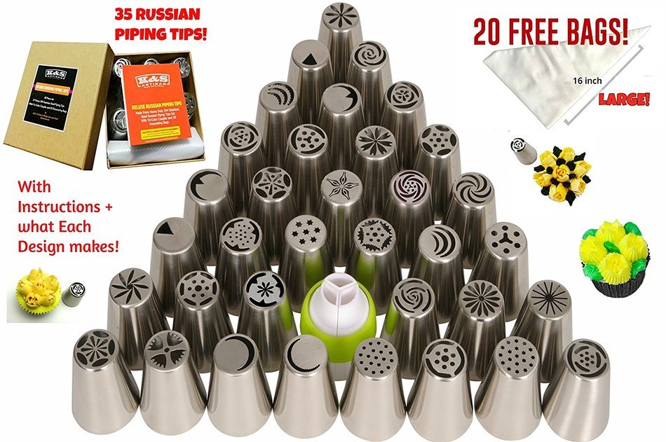 K&S Artisan Professional Quality 56 pcs Russian Piping Tips Set(XLarge 35 tips+20 Piping Bags+Coupler) 304 Stainless... N6