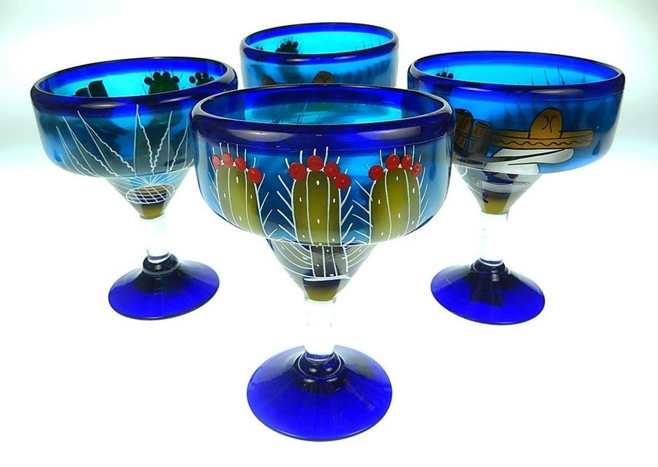 Mexican Glass Margarita and Pitcher, Hand Painted Poncho Cactus (Set of 4) N3