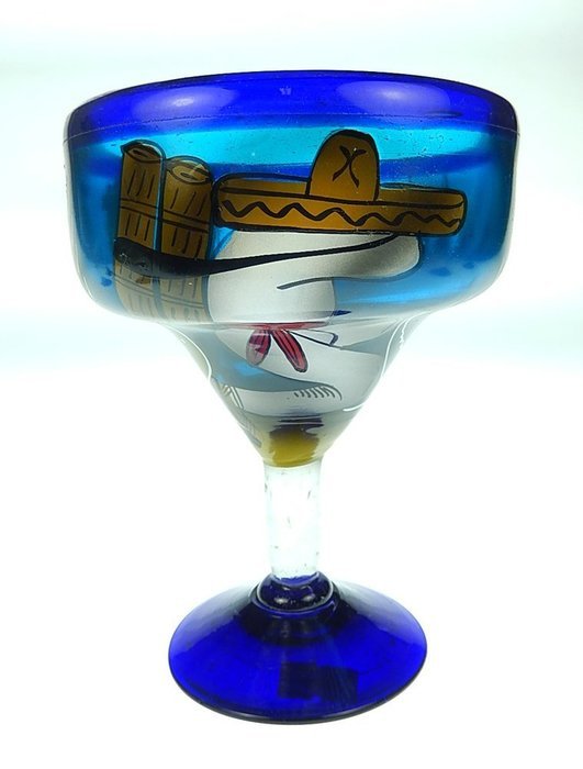 Mexican Glass Margarita and Pitcher, Hand Painted Poncho Cactus (Set of 4) N4
