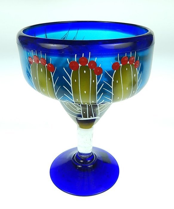 Mexican Glass Margarita and Pitcher, Hand Painted Poncho Cactus (Set of 4) N5