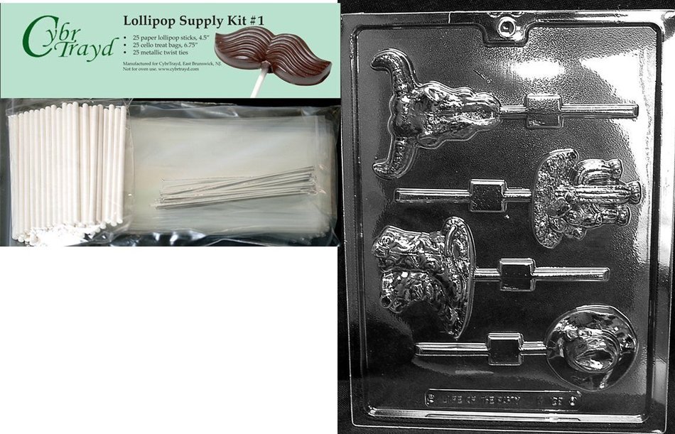 Cybrtrayd 45StK25S-K128 Western Theme Pops Kids Chocolate Candy Mold with Lollipop Supply Bundle, Includes 25...