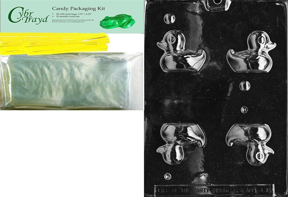 Cybrtrayd 'Small 3D Duck' Easter Chocolate Candy Mold with Packaging Bundle, Includes 25 Cello Bags, 25 Yellow...