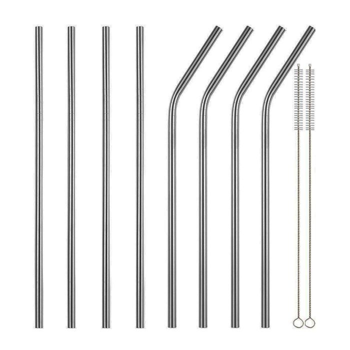 RECHERE Stainless Steel Reusable Drinking Straw with Cleaner Brush Straight and Bent Set of 8 (26cm/10.5")
