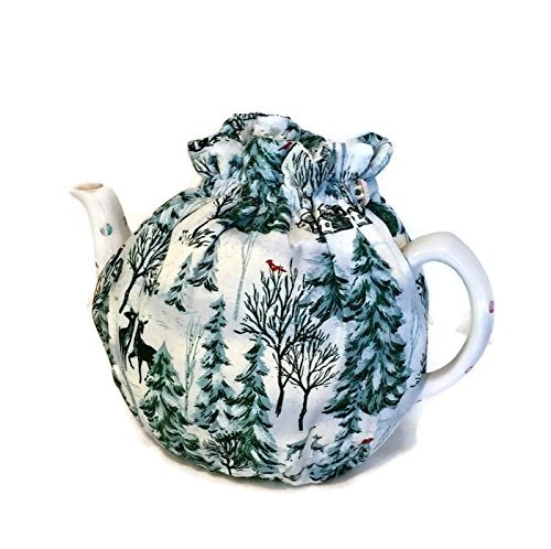 Teapot Cozy Christmas themed with Pine trees. Deer and Cardinals on white,Quilted Teapot cozy 5-8 cup teapot cozy...