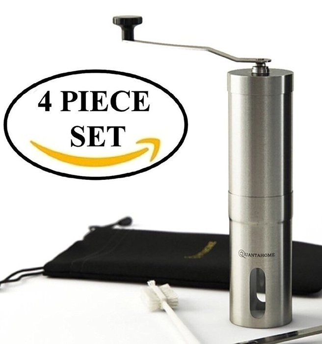 SALE NOW Quantahome Manual Coffee Grinder adjustable ceramic burr with Bag, Brush & Scoop. Stainless Steel-Best... N4