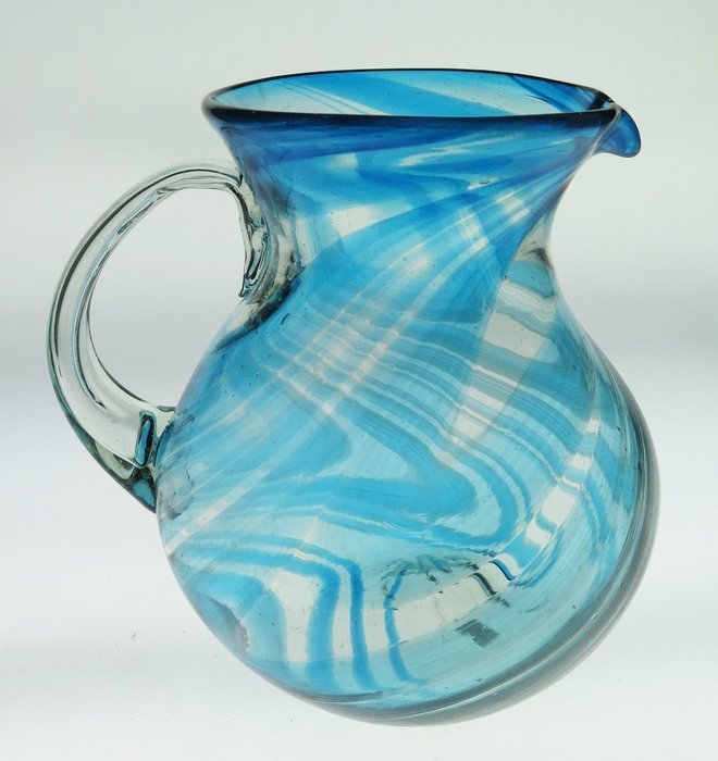Mexican Glass Bola Pitcher, Turquoise Swirl Design, 128 Oz N2