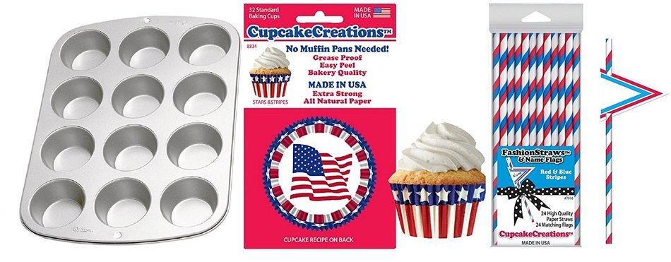 Stars & Stripes Party Pack, Muffin Pan, Baking Cups, Fashion Straws & Name Flags