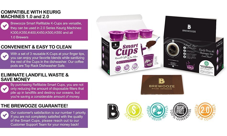 Brewooze 3x Smart Refillable cups - Compatible with Keurig Brewers 2.0 | K300,K350,K400,K450,K500,K550 Series...