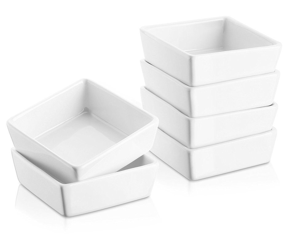 Dowan 6oz Porcelain Ramekins/Dessert Bowls,FDA Approved,Square & White Souffle Dish/Dip bowls,Set of 6