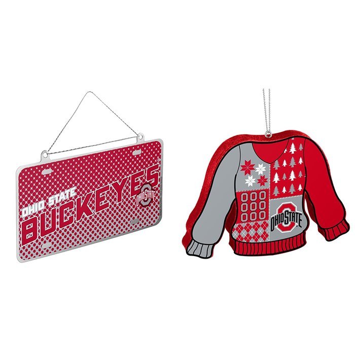 NCAA Ohio State Buckeyes Metal License Plate Christmas Ornament Foam Ugly Sweater Bundle 2 Pack By Forever Collectibles