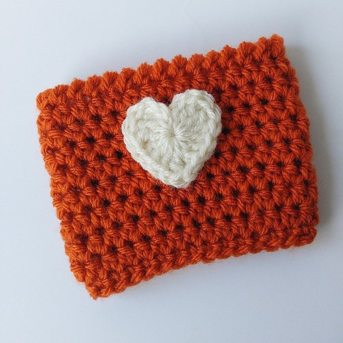 Crochet Coffee Sleeve Pumpkin Spice Latte Heart Applique N3