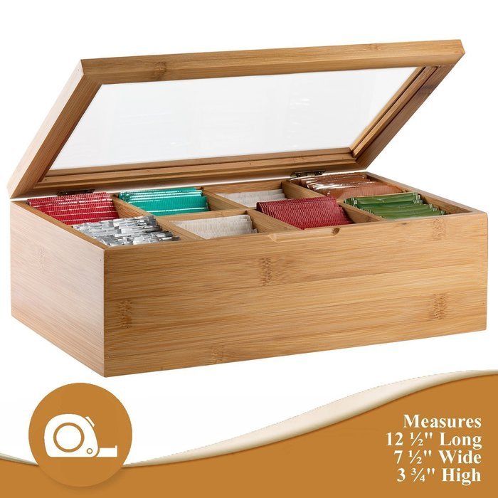 Bamb&uuml;si by Belmint 8-Compartment Tea Storage Box with Hinged Lid ✦ Crafted of 100% Natural Bamboo (Clear Lid) N9