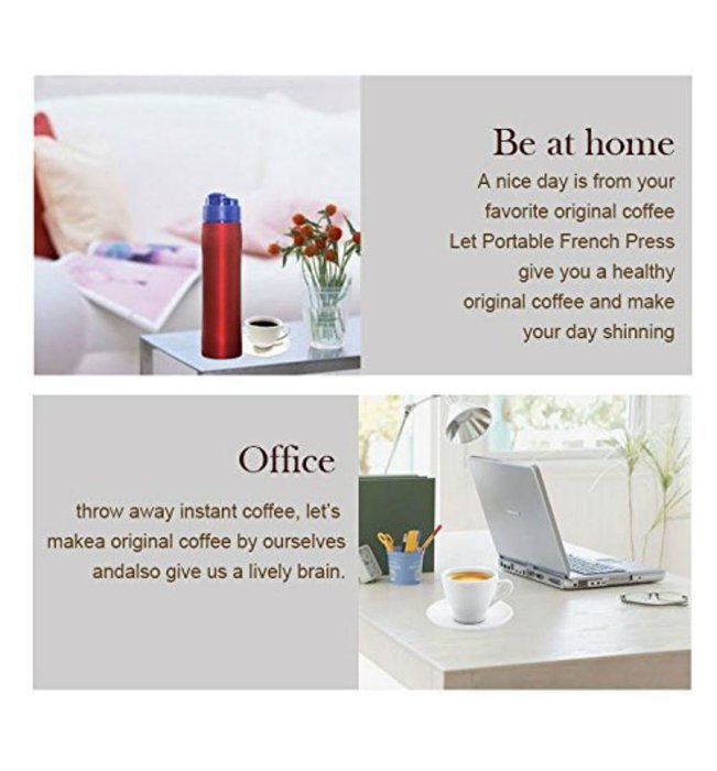 Equaliteria&trade;Portable stainless steel grey French Press 12oz travel mug with filter and double wall insulated thermos... N7