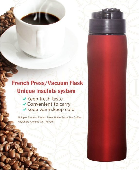 Equaliteria&trade;Portable stainless steel grey French Press 12oz travel mug with filter and double wall insulated thermos... N8