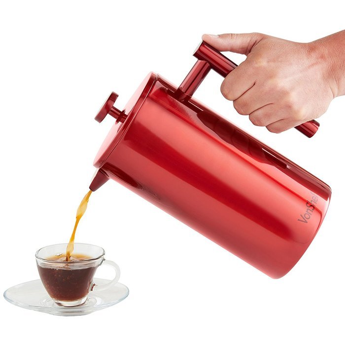 VonShef Red Double Wall Keep Warm Satin Polished Stainless Steel French Press Cafetiere Coffee Filter includes... N14