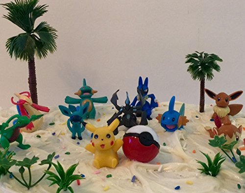 pokemon cake topper with pikachu and friends and greenery 20 pieces N3