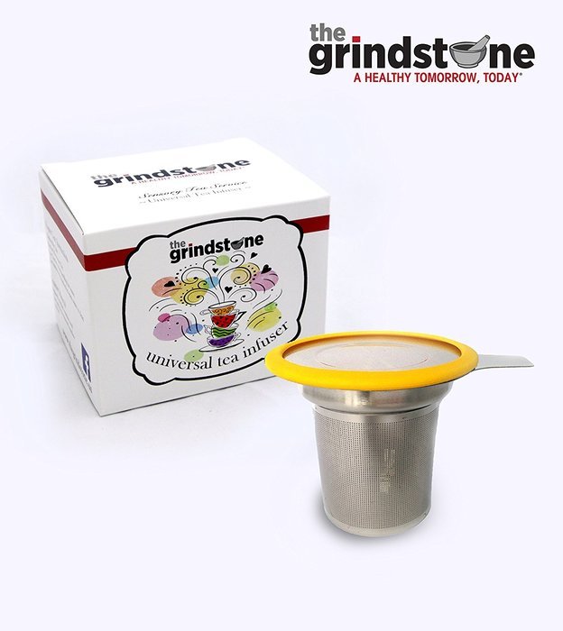 the Grindstone, Universal Tea Infuser, Easy Brewing of Loose Leaf Teas, Stainless Steel with Yellow Lid (New Item)