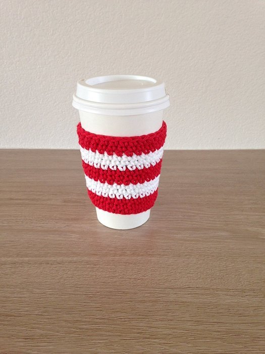 Crochet cup cozy, coffee cup sleeve, reusable coffee sleeve, coffee cup cozy in red and white strips, candy cane...