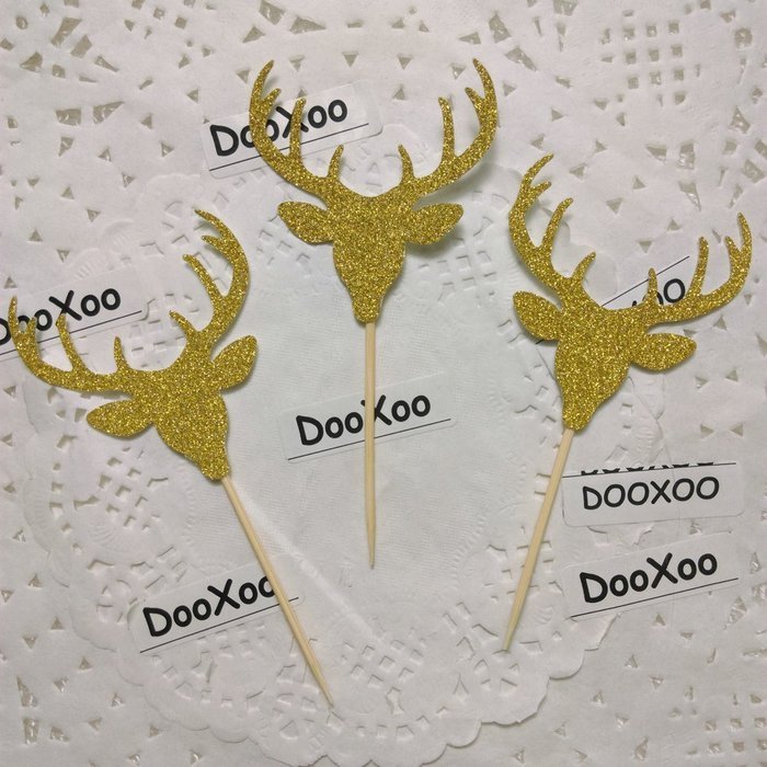 DOOXOO Deer Cupcake Toppers, Deer Party, Hunting Cake Topper,Gold Glitter,Animal Party Favors,Deer Decor,Cake... N2