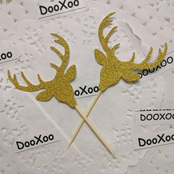 DOOXOO Deer Cupcake Toppers, Deer Party, Hunting Cake Topper,Gold Glitter,Animal Party Favors,Deer Decor,Cake... N3
