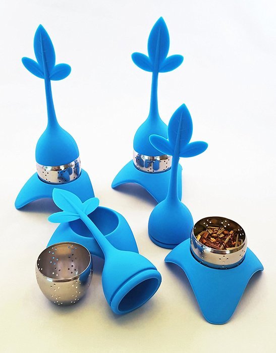 Tea Infuser with Stylish Three Leaf Silicone Handle and Stainless Steel Strainer Ball Filter includes Drip Tray... N26