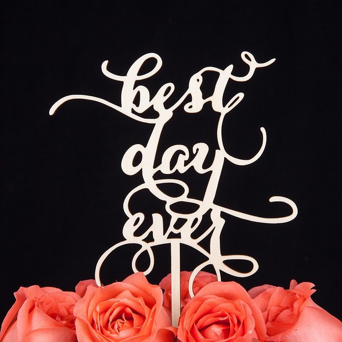 LOVENJOY with Gift Box Best Day Ever Monogram Wedding Engagement Rustic Wood Cake Topper (5.1-inch) N3