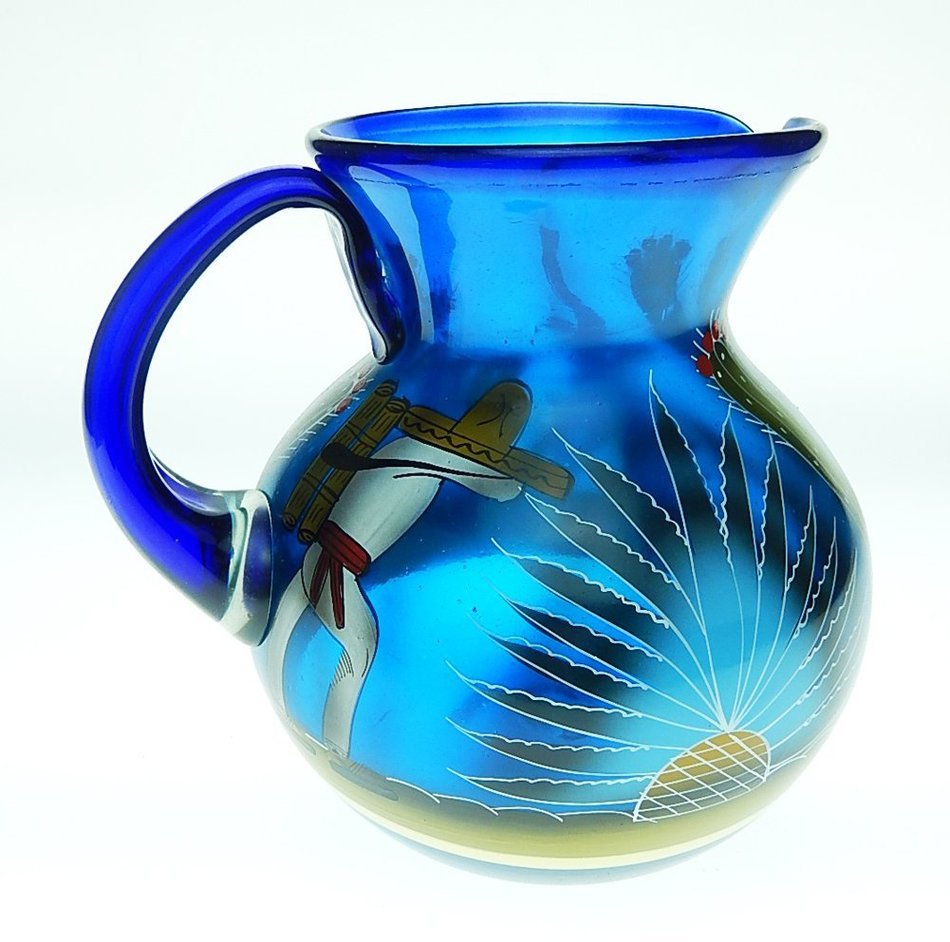 Mexican Glass Margarita and Pitcher, Hand Painted Poncho Cactus (Set of 4) N7