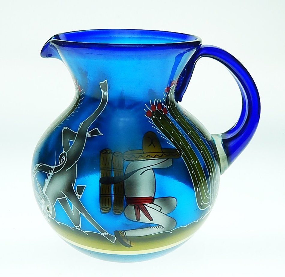 Mexican Glass Margarita and Pitcher, Hand Painted Poncho Cactus (Set of 4) N8