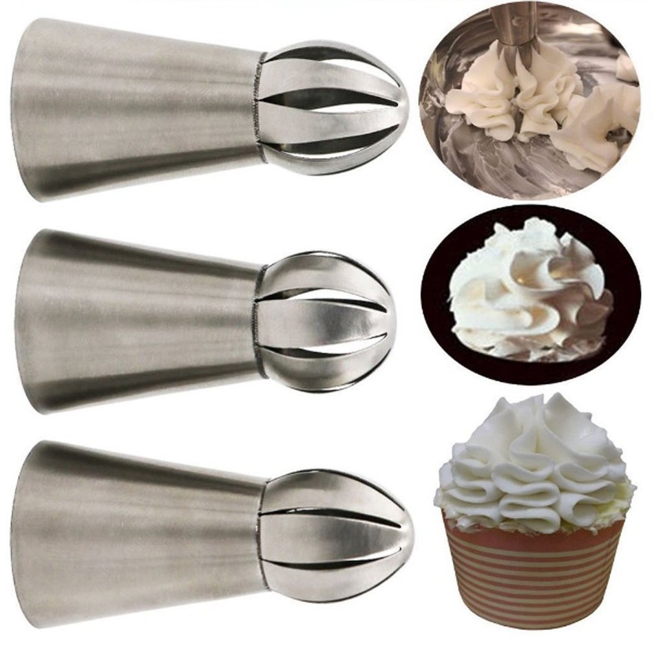 YOUKEE 3PCS New Arrival Unique Sphere Ball Design Small Russian Icing Piping Nozzles with a Tri-color Coupler N9