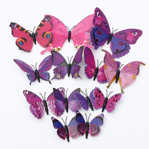 12Pcs Art Decal Girls Home Room Wall Stickers 3D Butterfly Decorations Decors Color: Purple
