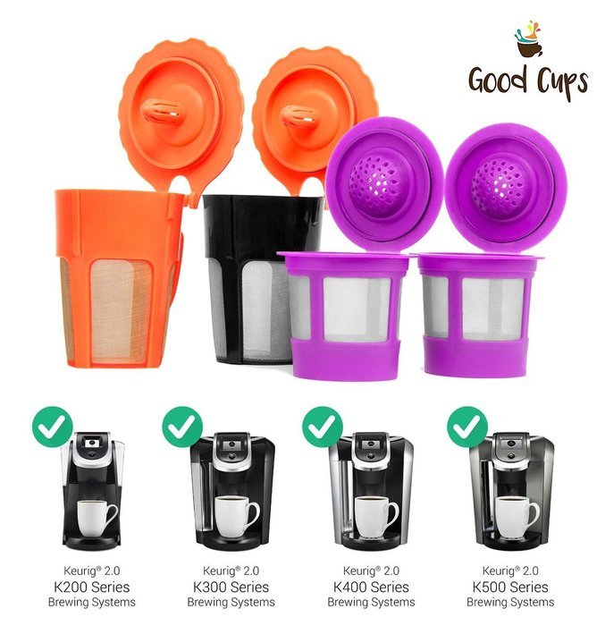 GoodCups 2 Reusable K-Carafe and 2 Single Refillable K-Cup Coffee Filters Accessories for Keurig 2.0 N3