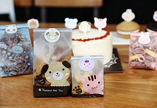 ONOR-Tech 50 PCS Lovely Cute OPP Cookie Bakery Candy Biscuit Treat Gift Diy Plastic Bag + Label Seal Sticker (... N12