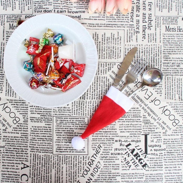Morecome Christmas Decorative tableware Knife Fork Set Xmas Hat Storage Tool