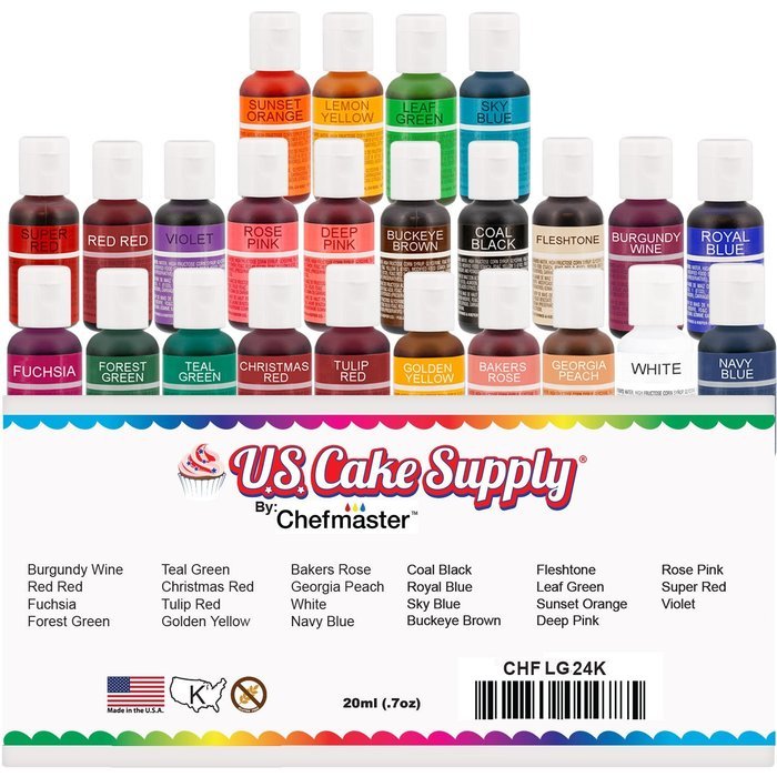 12 Color-US Cake Supply&reg; by Chefmaster Liqua-Gel Paste Cake Color Set - The 12 Most Popular Colors in 0.75 fl.... N24