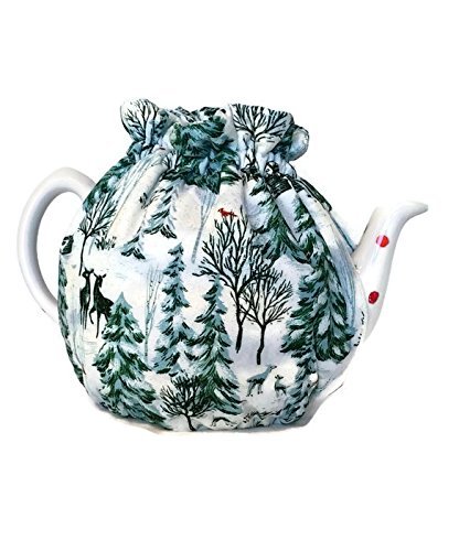 Teapot Cozy Christmas themed with Pine trees. Deer and Cardinals on white,Quilted Teapot cozy 5-8 cup teapot cozy... N4