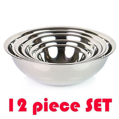 (Set of 12) SafePro Mixing Bowls Standard Weight Stainless Steel, Mirror Finish, 3/4, 11/2, 3, 4, 5, and 8 Qt...