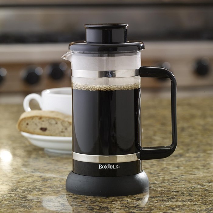BonJour Coffee Borosilicate Glass French Press with Coaster & Scoop, 12