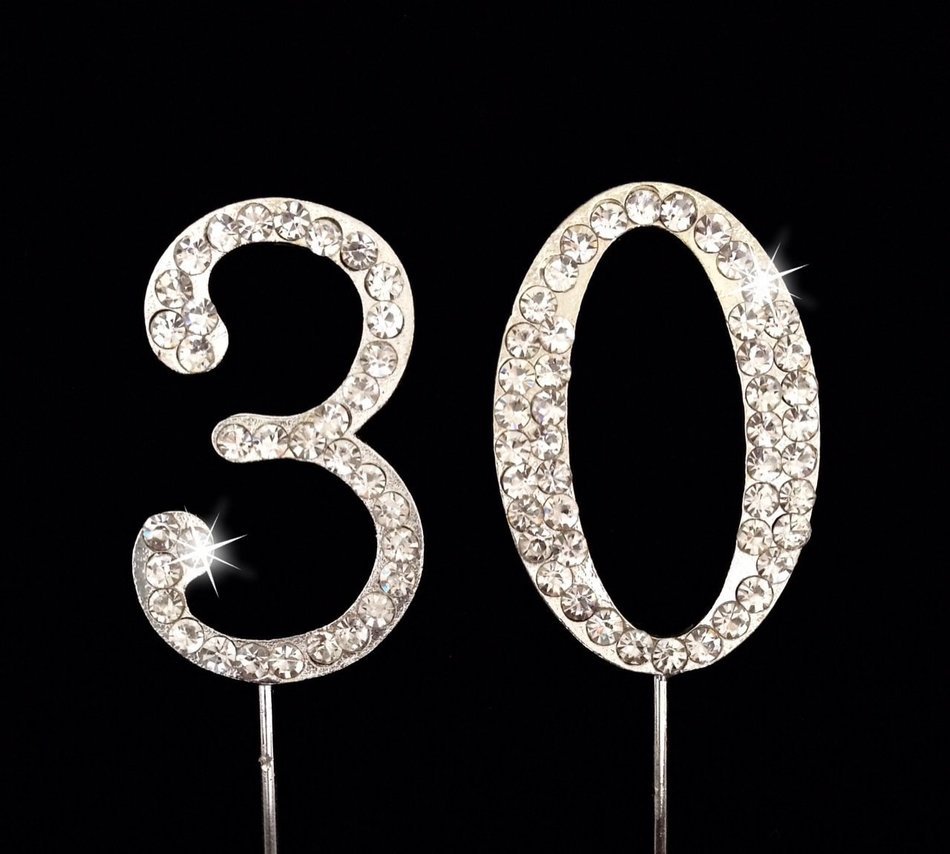 30th Birthday / Wedding Anniversary Number Cake Topper with Sparkling Rhinestone Crystals - 1.75