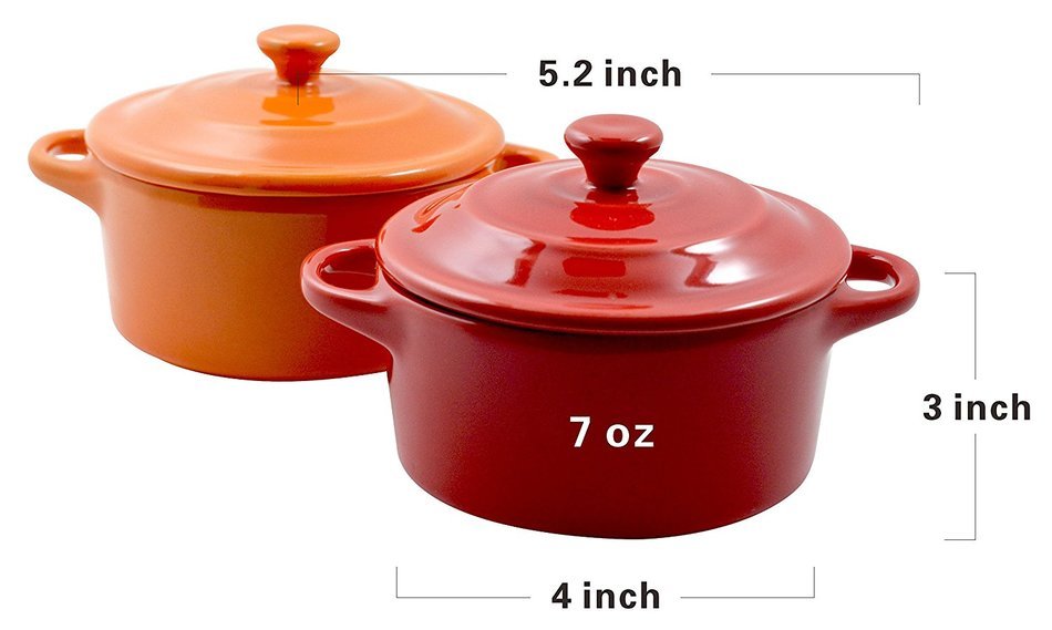 Set of 4 Lifver 7oz Porcelain Casserole Dish/Mini Casserole Set, Cherry Red & Orange, Round.