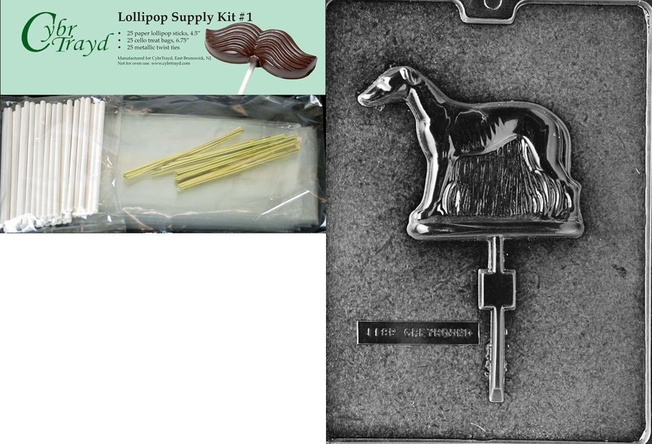 Cybrtrayd "Greyhound Lolly" Dog Chocolate Candy Mold with Lollipop Supply Bundle of 25 Lollipop Sticks, 25 Cello... N2