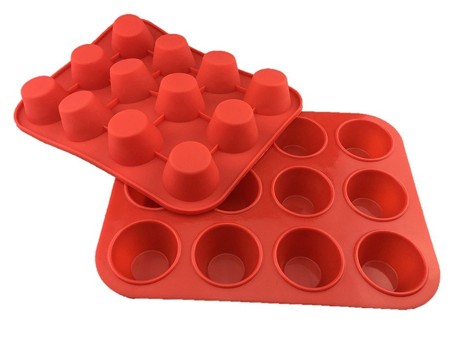 Chef's Entr&eacute;e Silicone Small Mini Muffin Cupcake Pans - 2 Pack x 12 Muffin Cups Red Cupcake Non-stick Baking Tray...