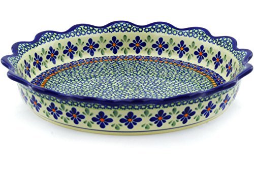 Polish Pottery Fluted Pie Dish 11-inch Gingham Flowers N2